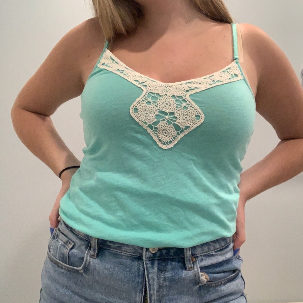 Aqua tank top with lace design